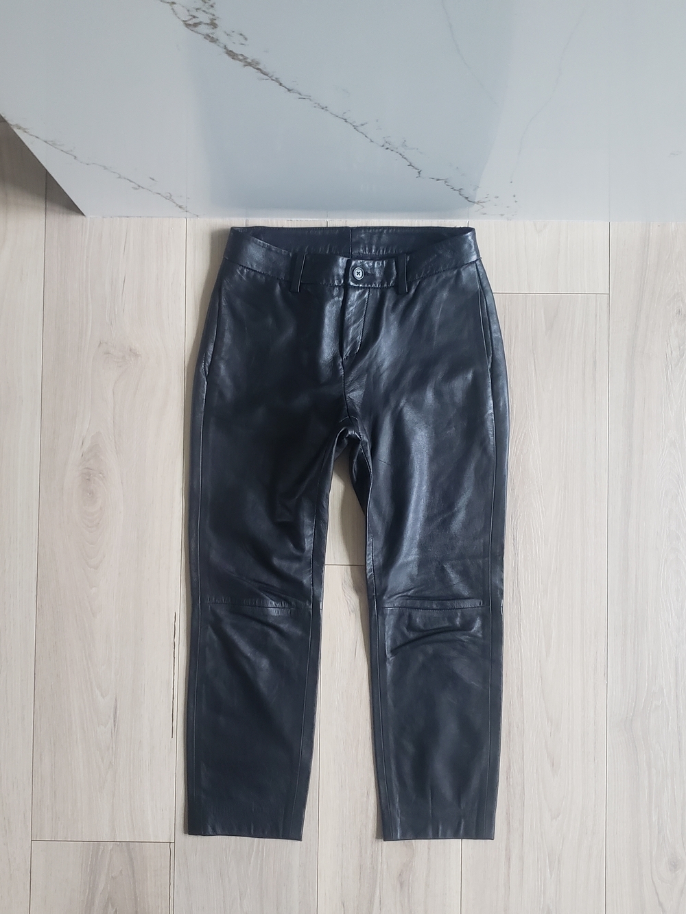 Womens Black Leather Straight Leg Pants High Rise Minimalist Chic